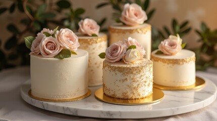 Naklejka premium Wedding cake samples with luxurious gold accents and floral details, elegantly arranged on a marble tray. Soft evening light creates a refined and sophisticated atmosphere.
