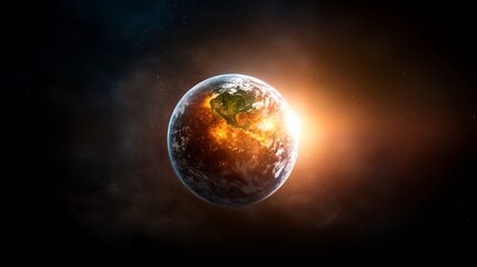 Naklejka premium Sunrise illuminates Earth glowing warmly against dark space. AI Generated