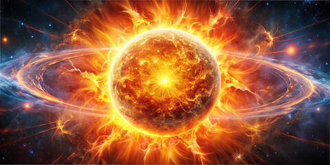 Fototapeta premium A radiant sun bursts with golden solar flares amidst a colorful cosmic backdrop. This spectacular display showcases the energy and beauty of the universe, highlighting stellar phenomena