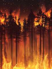 Fototapeta premium Forest fire disaster illustration, trees burning at night, wildfire nature destruction, damaged environment caused by global warming 