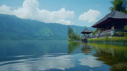 Fototapeta premium Tranquil Lake Temple Scenic Mountain View
