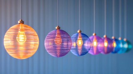 Row of Colorful Round Hanging Lamps with Internal Filament Bulb Home Decor and Interior Design