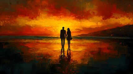 A classic Valentine scene with a couple walking hand in hand along a beach at sunset, styled in a romantic impressionistic style with painterly textures and warm golden hues,
