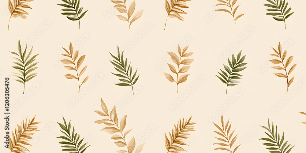 Poster Elegant botanical pattern featuring olive and beige leaves. Perfect for various design applications, adding a touch of natural sophistication.