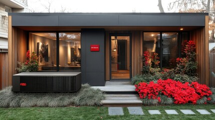Fototapeta premium Modern home exterior with large windows, vibrant flowers, and a welcoming entrance.
