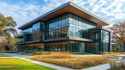 Modern glass building surrounded by landscaped gardens and pathways.