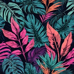 Hand drawn tropical leaves background 