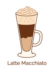 Vector minimalistic line art color illustration of glass of Latte Macchiato Coffee