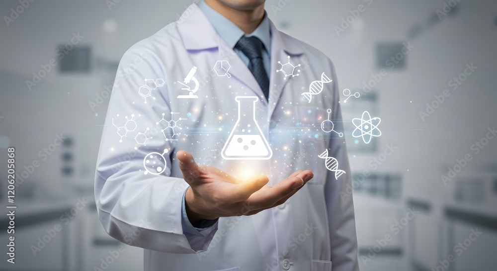 Poster scientist holding virtual laboratory interface with chemical and dna icons showcasing futuristic sci