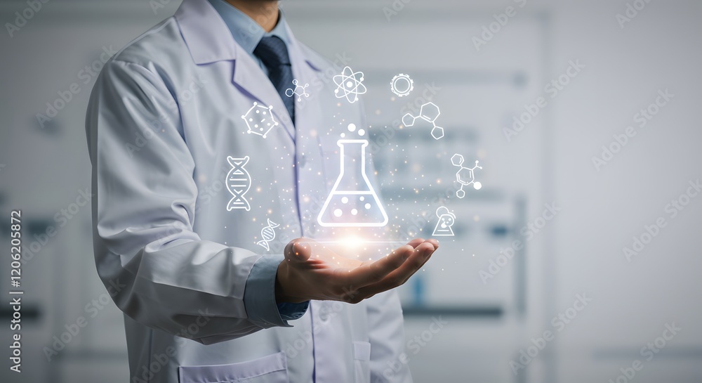 Poster scientist holding virtual laboratory interface with chemical and dna icons showcasing futuristic sci