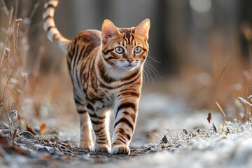 Obraz premium This is a photo of an unusual wild cat with leopard print walking leisurely along a small path in a forest covered with fallen leaves.