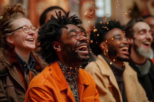 Title: Diverse Group of Smiling People Watching a Spectacular 4k Gold Particles Explosion