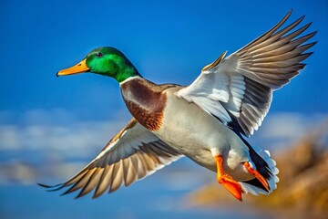 Obraz premium Majestic Mallard Drake in Flight: Stunning Blue Sky Background Stock Photo