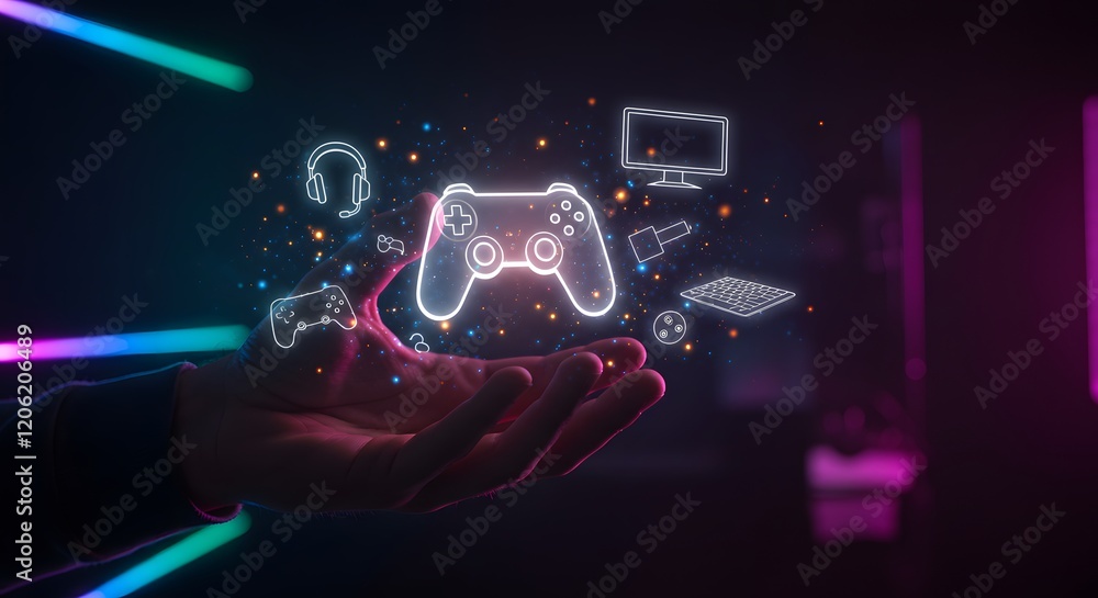 Poster gaming technology innovation featuring a glowing game controller icon surrounded by virtual gaming s