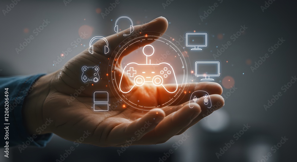 Poster gaming technology innovation featuring a glowing game controller icon surrounded by virtual gaming s