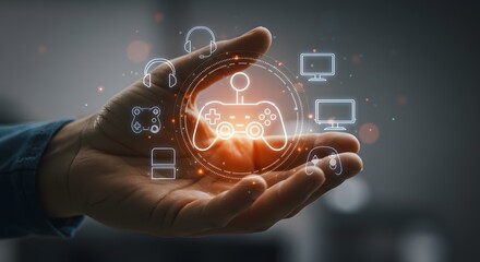 Gaming technology innovation featuring a glowing game controller icon surrounded by virtual gaming symbols in a neon-lit environment representing futuristic and immersive entertainment