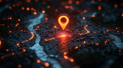 A digital map with a pinpointed address location glowing on the screen. 302