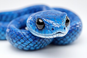 Fototapeta premium A cute, big-eyed blue snake character figure crouching on a white background