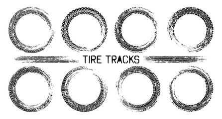Grunge circle tire tracks, wheel braking marks. Truck, car or motorcycle tread pattern silhouettes. Auto race, motorsport, speed racing design element. Vector illustration © 32 pixels