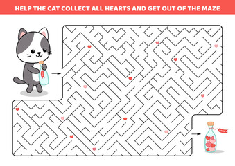 Help the cat collect all the hearts and get out of the maze. Labyrinth for kids. Vector