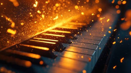 Fiery Piano Keys, Spark Explosions, Dark Background, Music Concept