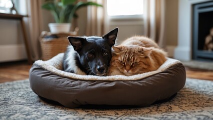 Cozy Dog and Cat Snuggling Together in a Comfortable Pet Bed