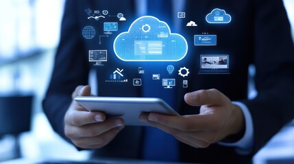 Businessman using tablet, cloud computing, office background, data access