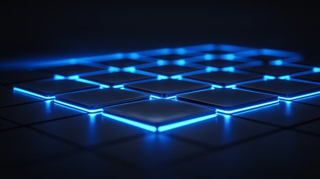 This image features a collection of glowing blue tiles arranged in a grid pattern, creating a futuristic, abstract design illuminated against a dark background.