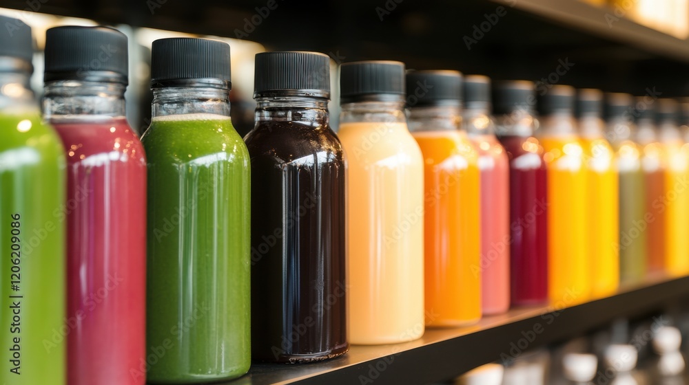 Poster Colorful assortment of juice bottles neatly arranged on a shelf in a modern store setting