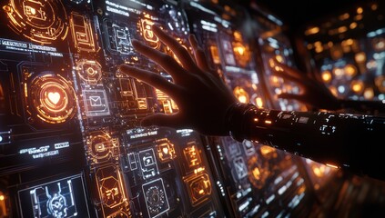 Obraz premium Robotic hands interface futuristic control panel; dark background; sci-fi tech