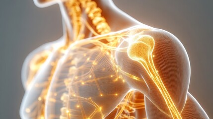 A detailed illustration of human anatomy focusing on glowing orange nerves, depicting the complexity of the nervous system in a highly artistic fashion.