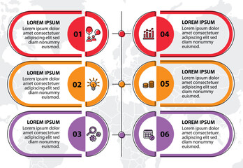 6 steps infographic template with 6 options. Flowchart that can be used for business report, data visualization and presentation. Timeline infographic elements vector illustration.