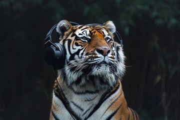 Fototapeta premium Tiger Dances to Music with Headphones on a Dark Background