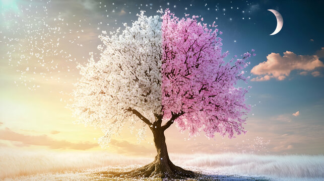 
Symbolic representation of the spring equinox with a large tree split into two halves. Spring equinox art.