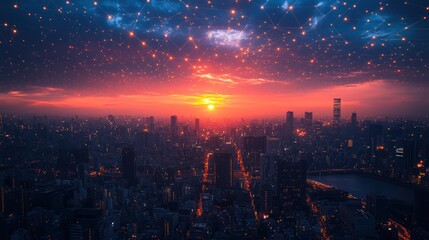 Fototapeta premium Futuristic city skyline at sunset with network connections