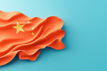 Chinese flag with elegant folds on a bright blue background. National symbol and patriotic concept