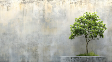 Vibrant tree beside textured artistic backdrop.