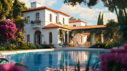 Gorgeous mansion reflecting on water surface