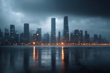 Moody cityscape with skyscrapers and reflections on a wet surface under a dramatic cloudy sky. Urban life and atmospheric setting.