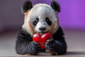 Fototapeta premium Romantic Panda Clutching Heart Against Purple Backdrop.