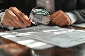 A businessman meticulously examining an invoice with a magnifying glass at his desk