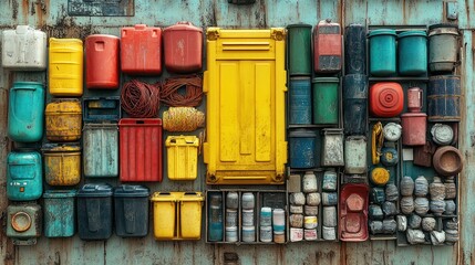 Fototapeta premium Colorful storage containers arranged on a weathered surface, showcasing organization and utility