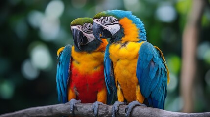 Obraz premium This image features two colorful macaws with vivid blue, yellow, and green feathers sitting on a branch, set against a lush, blurred, natural background.