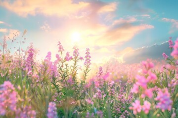 Purple lavender flowers on sunny beautiful nature spring background. Summer scene with fresh lavandula flower of lilac color. Neural network ai generated