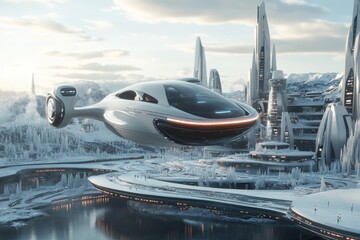 Fototapeta premium Flying car of the future hovering over a futuristic city