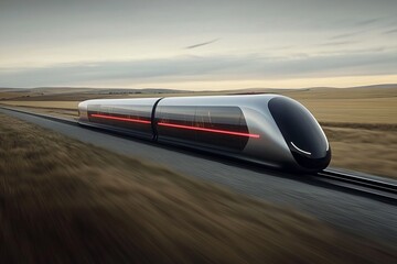 Obraz premium a high-speed futuristic driverless train glides along nature landscape, motion blur effect