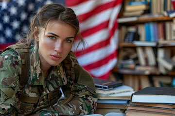 A diligent female student soldier, dressed in uniform, studying with an American flag in the background and a stack of books