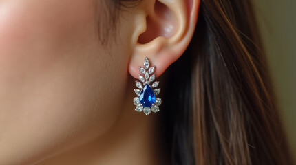 Close up of sapphire and diamond earrings on a woman's ear