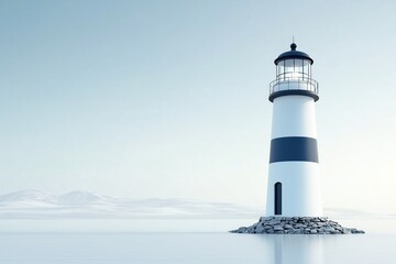 Lighthouse on a rocky shore with serene ocean and blue sky. Coastal navigation and seascape concept