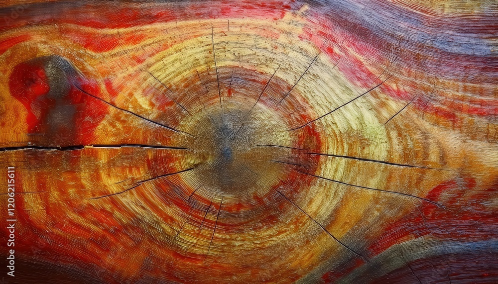 Poster vivid abstract depiction of tree rings with bold red and yellow tones, capturing wood grain texture 